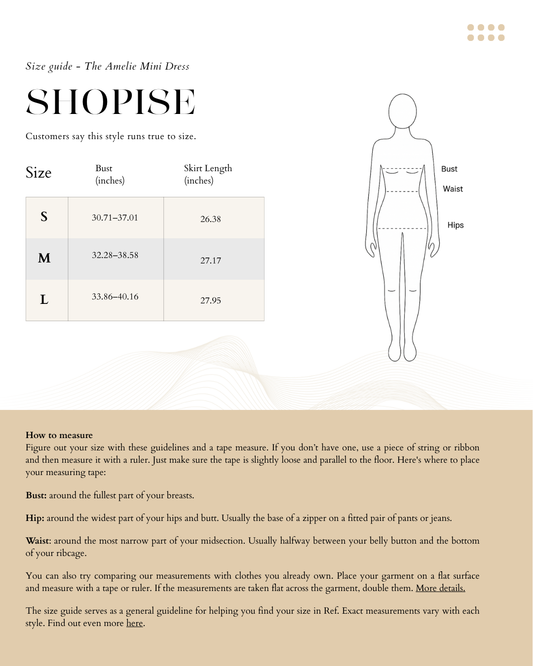 Size Chart The Amelie Mini Dress in Light Blue, Apricot, and Black