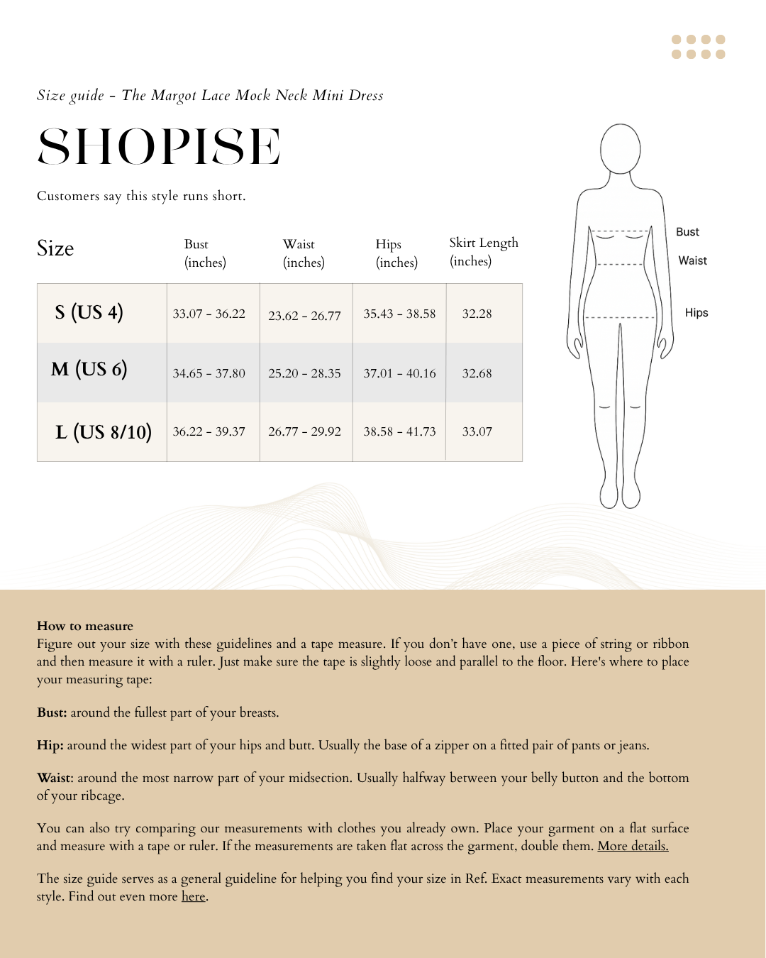 Size chart The Margot Lace Mock Neck Mini Dress