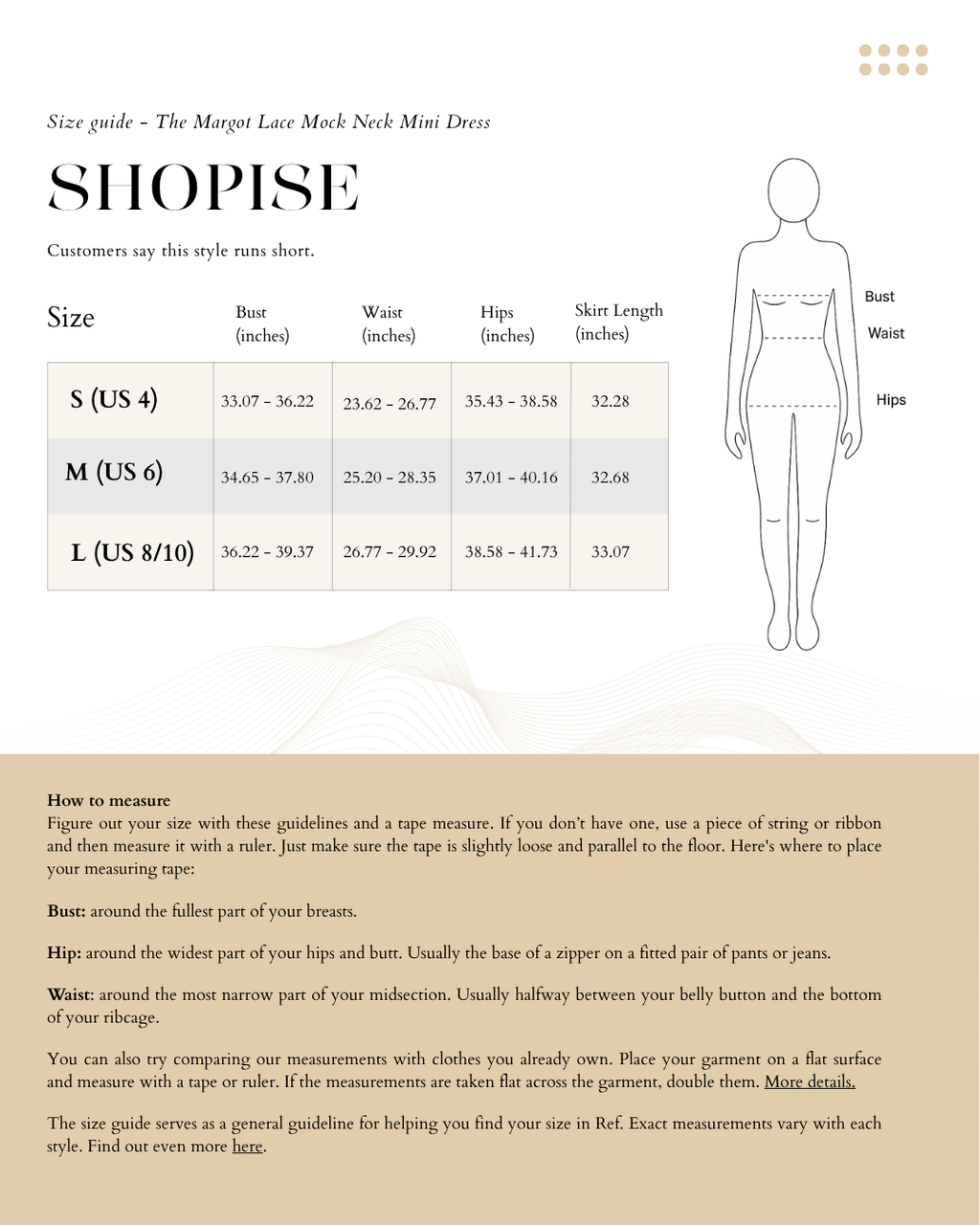 Size chart The Margot Lace Mock Neck Mini Dress