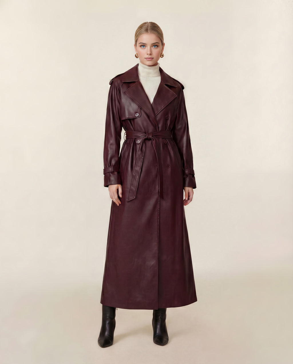 Leather Double-Button Trench Coat in Burgundy