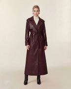 Leather Double-Button Trench Coat in Burgundy