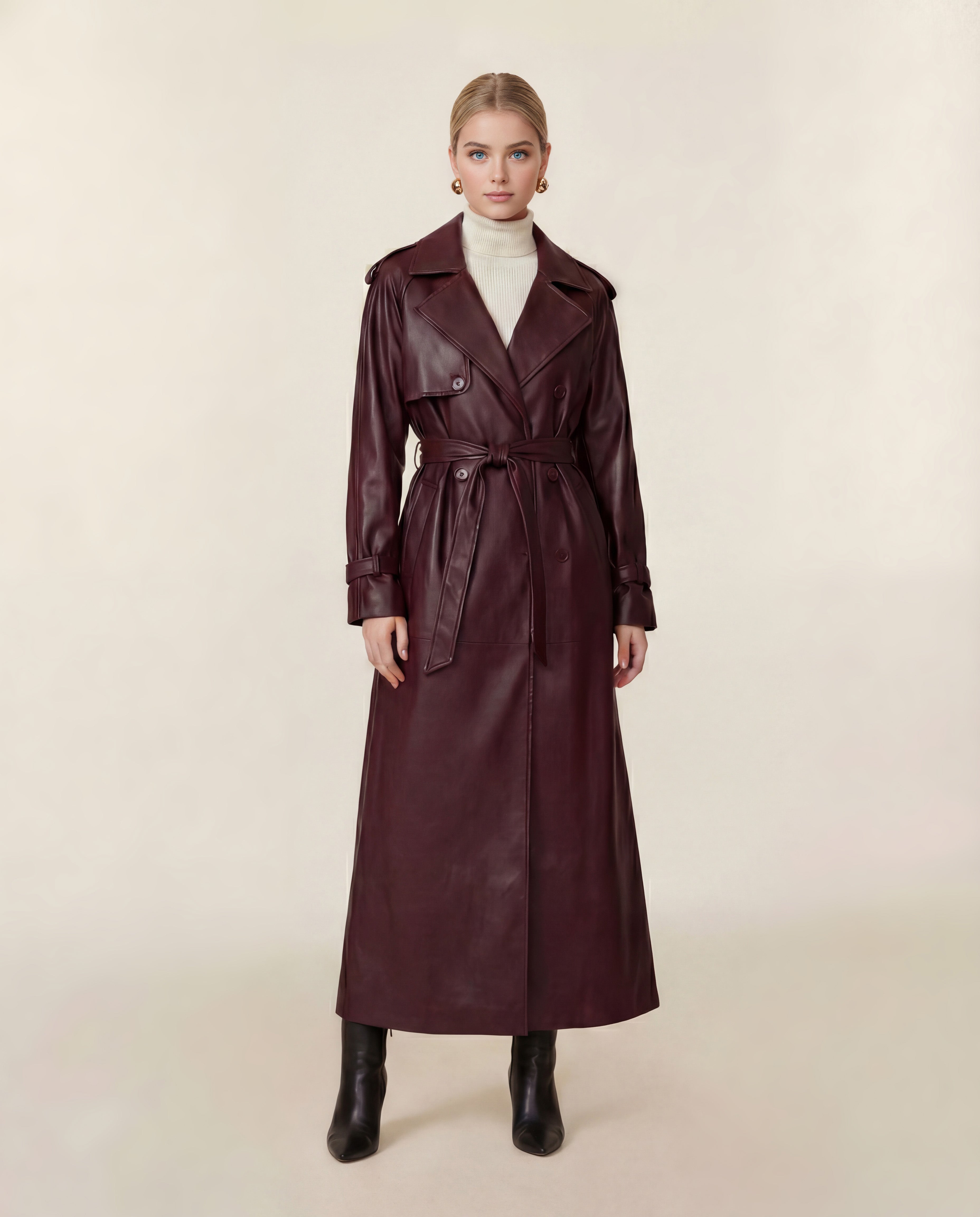 Leather Double-Button Trench Coat in Burgundy