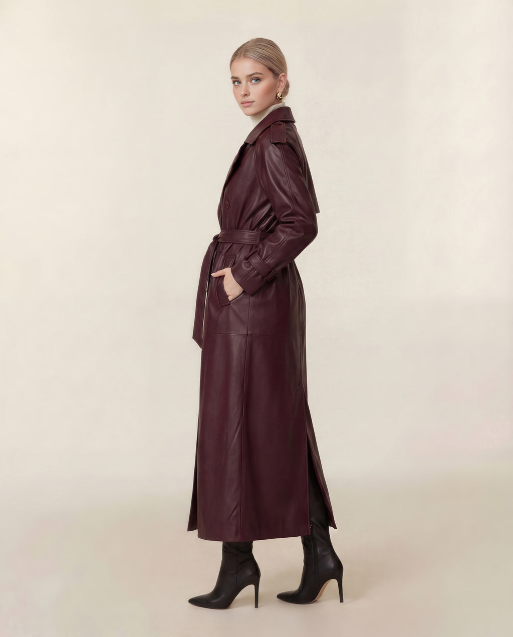 Leather Double-Button Trench Coat in Burgundy