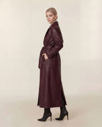 Leather Double-Button Trench Coat in Burgundy