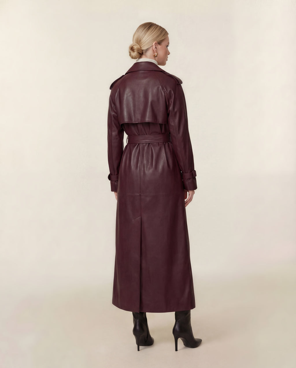 Leather Double-Button Trench Coat in Burgundy