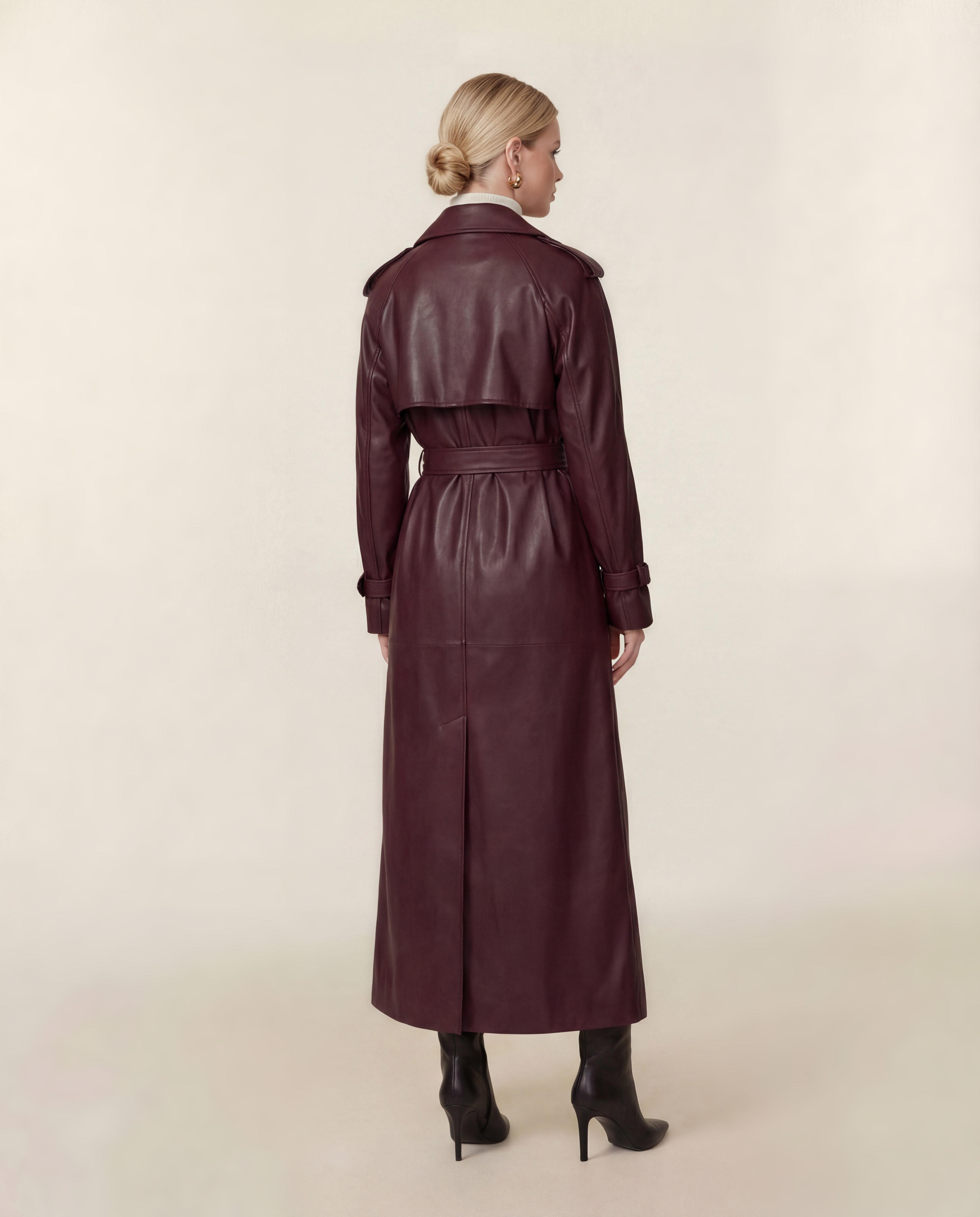 Leather Double-Button Trench Coat in Burgundy