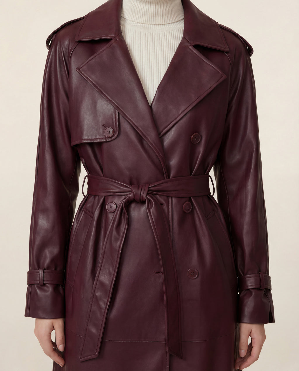 Leather Double-Button Trench Coat in Burgundy
