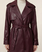 Leather Double-Button Trench Coat in Burgundy