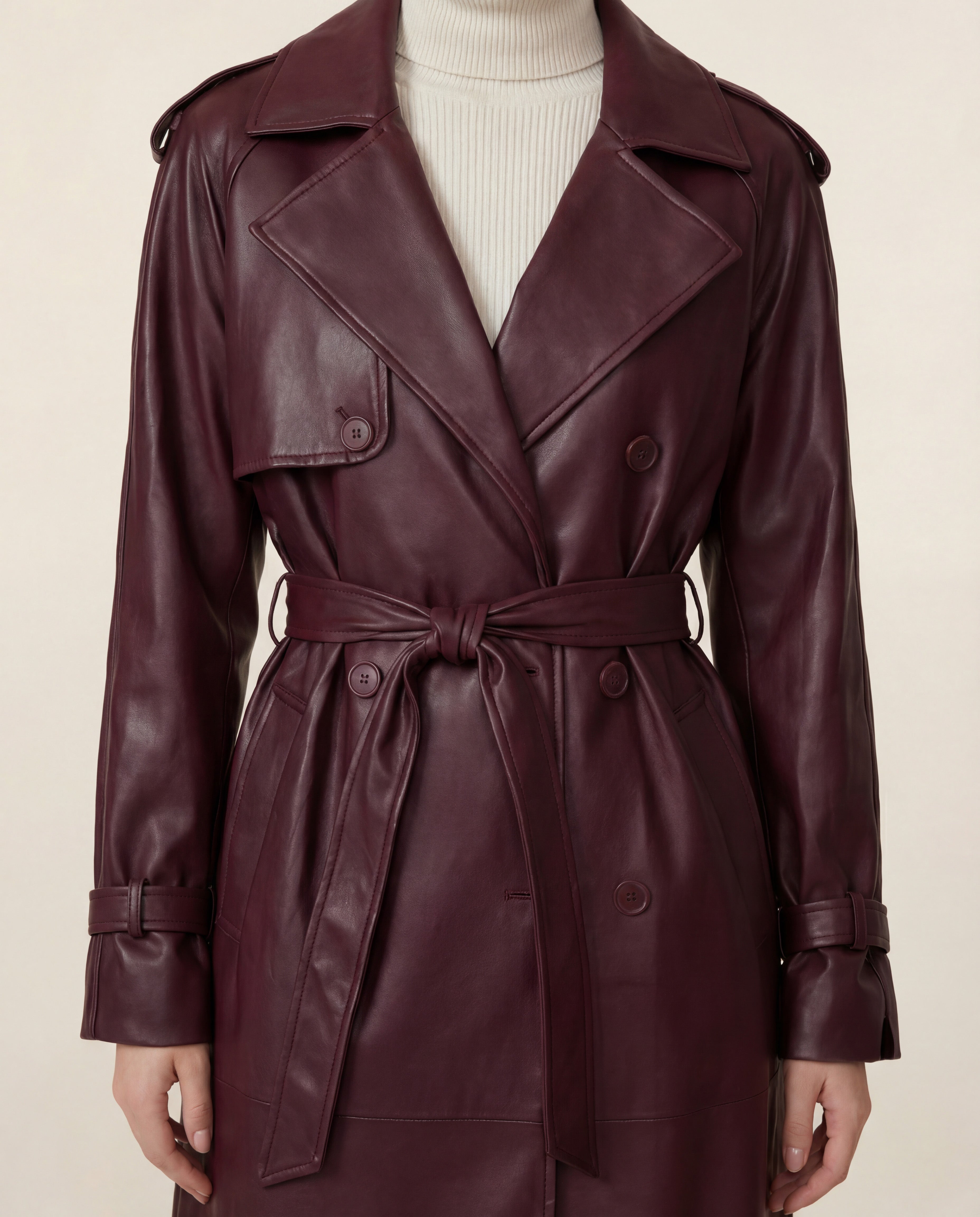 Leather Double-Button Trench Coat in Burgundy