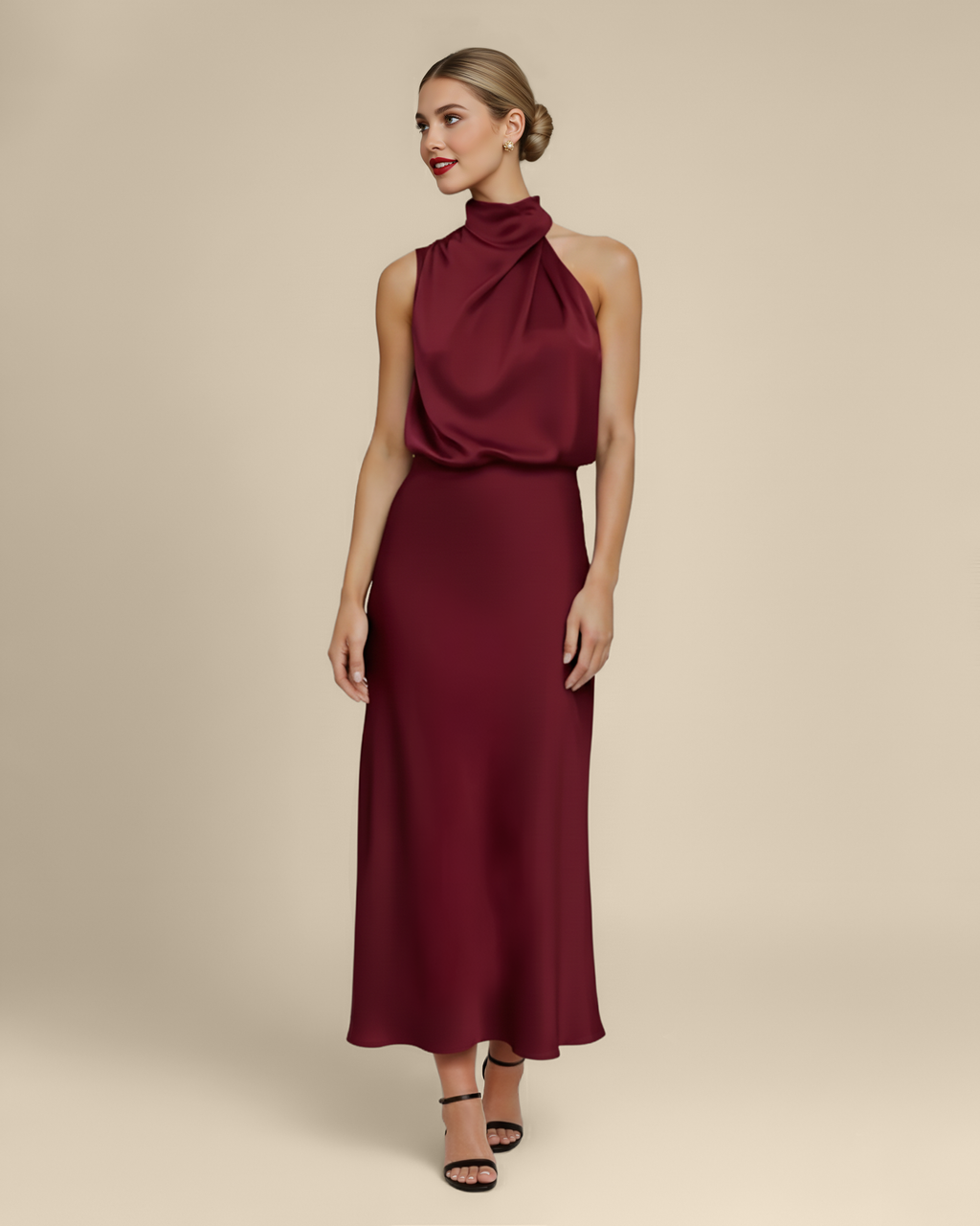 Midi Mock Neck Satin Dress