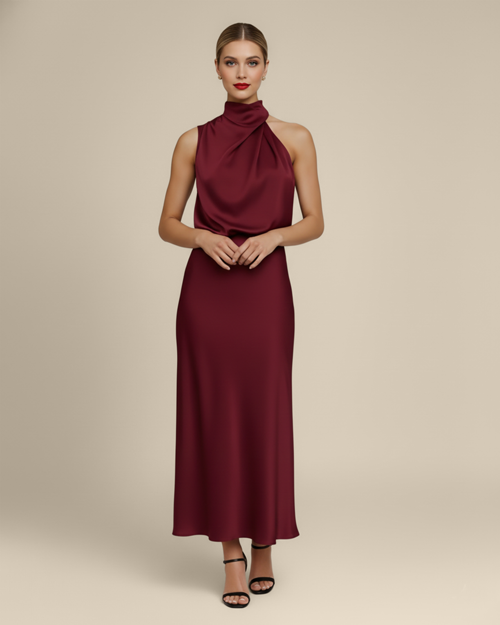 Midi Mock Neck Satin Dress