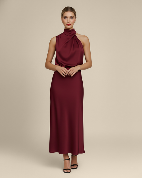 Midi Mock Neck Satin Dress