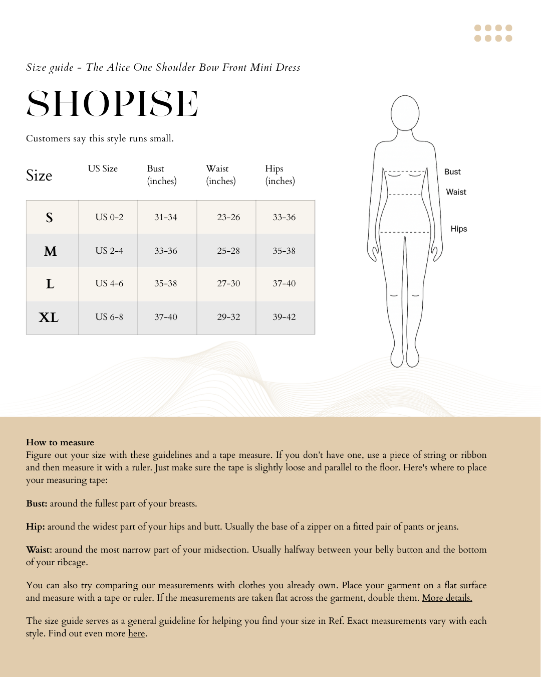 Size Chart The Alice One Shoulder Bow Front Mini Dress