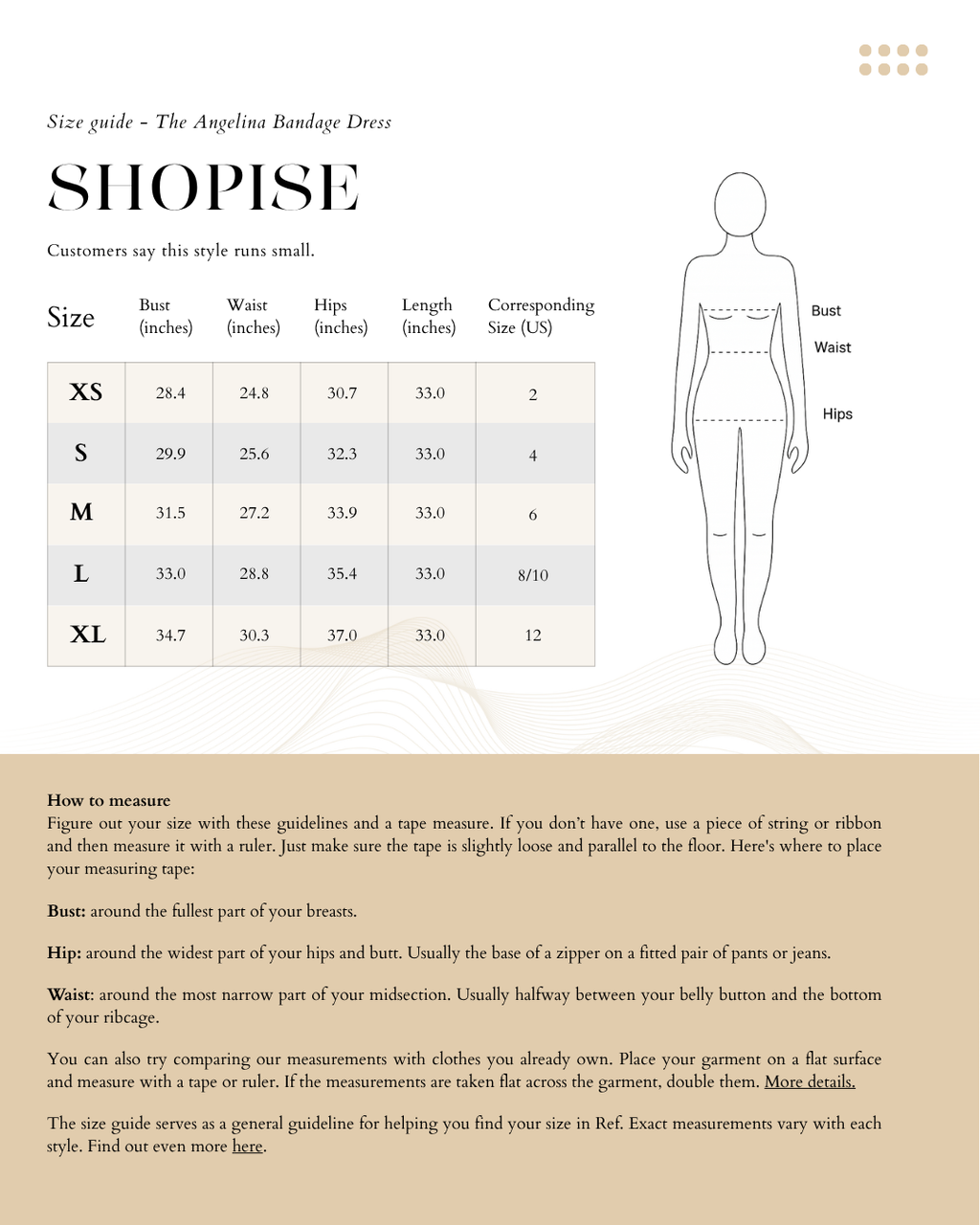 Size Chart The Angelina Bandage Dress in Red, Pink, Multicolor Blue, White, Light Blue, Blue, Orange, Purple