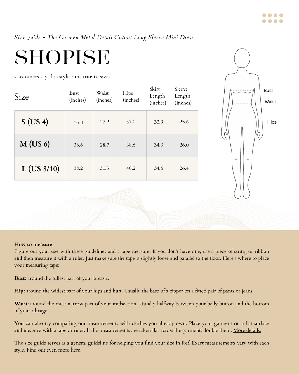 Size Chart The Carmen Metal Detail Cutout Long Sleeve Mini Dress