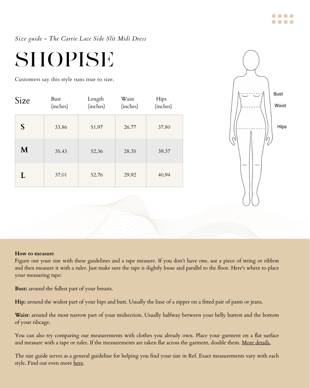 Size Chart The Carrie Lace Side Slit Midi Dress