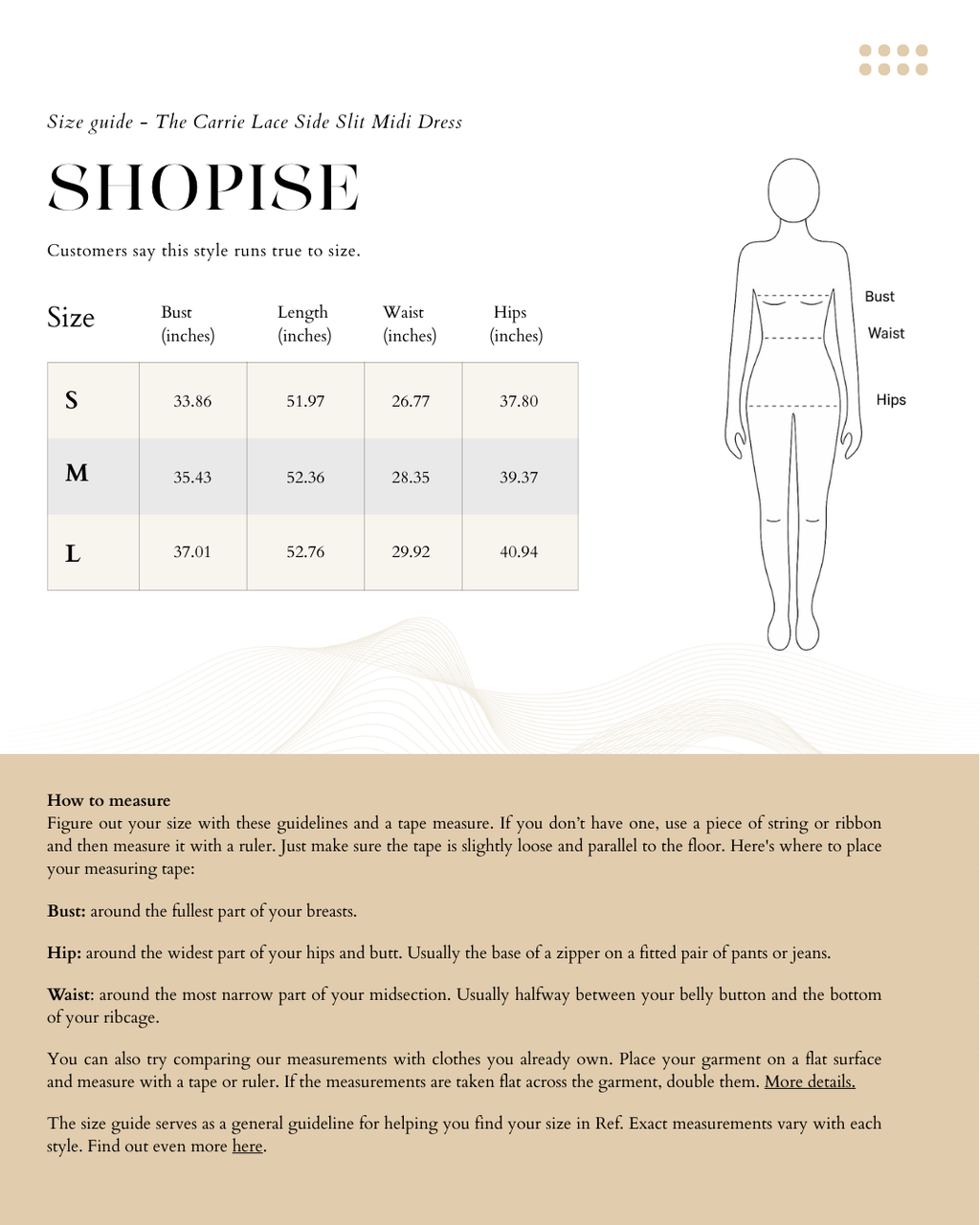 Size Chart The Carrie Lace Side Slit Midi Dress