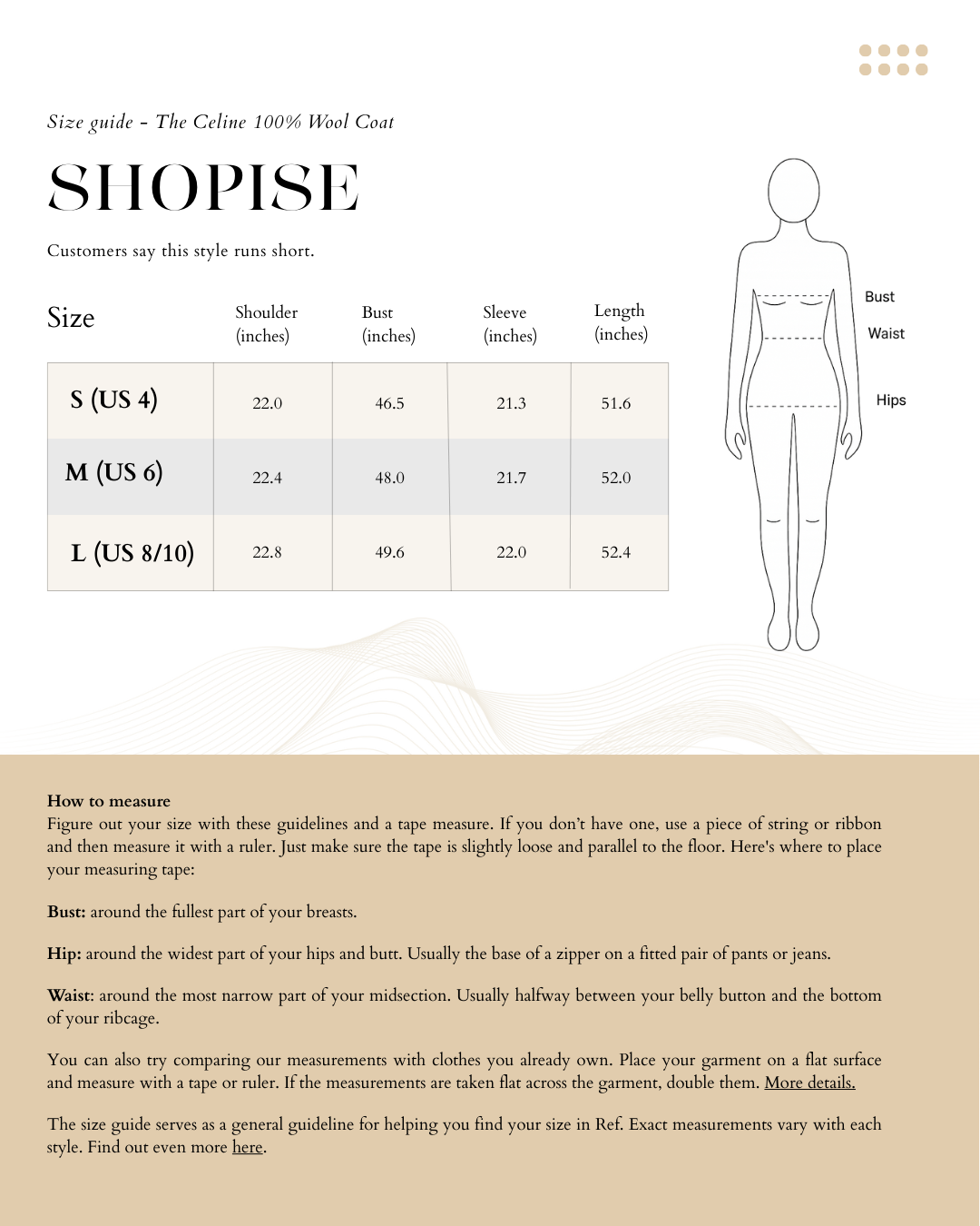 Size Chart The Celine 100% Wool Coat