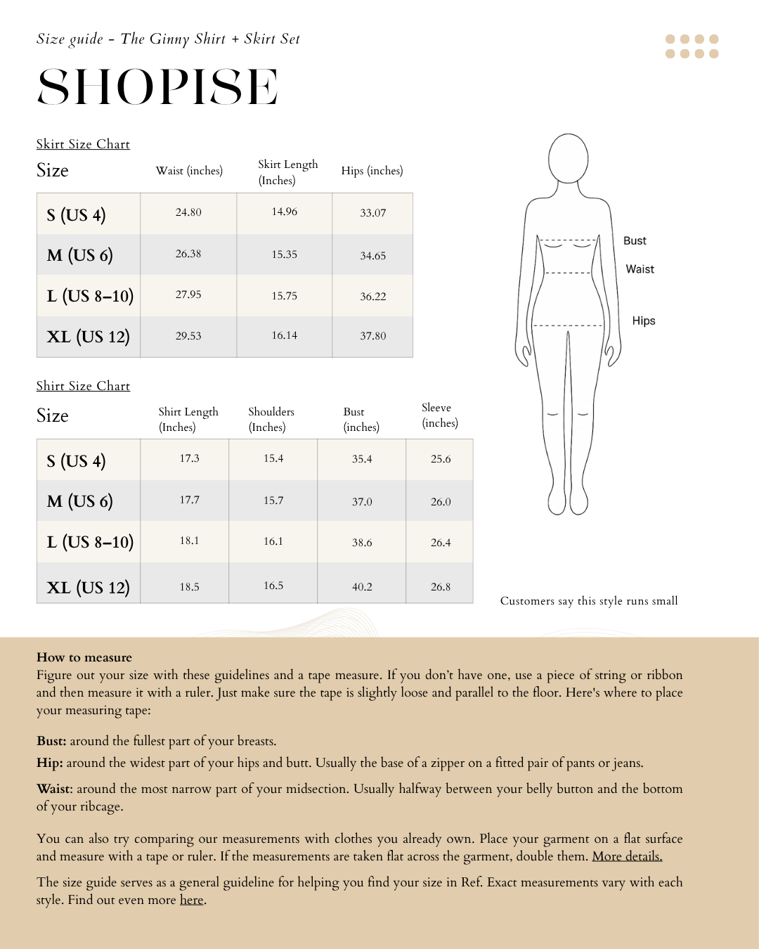 Size Chart The Ginny Shirt + Skirt Set Blue White Beige Camel Espresso 