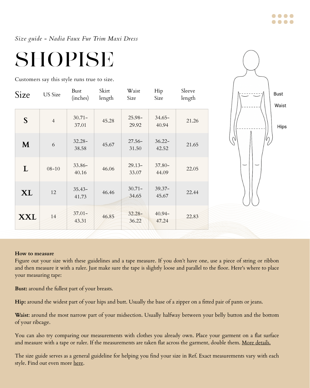 Size Chart The Nadia Faux Fur Trim Maxi Dress