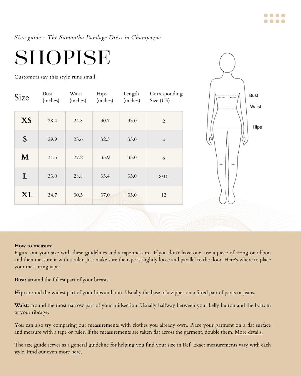 Size Chart The Samantha Bandage Dress in Champagne