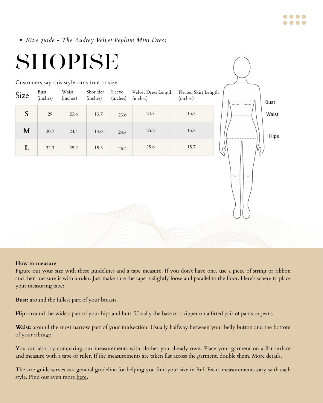 Size chart The Audrey Velvet Peplum Mini Two-Piece Dress