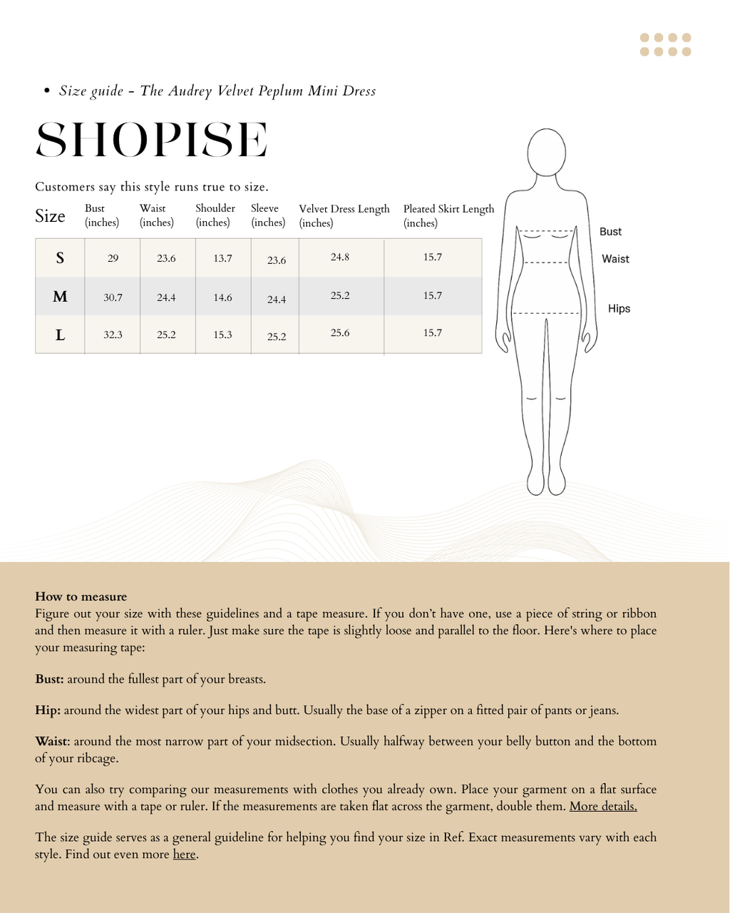 Size chart The Audrey Velvet Peplum Mini Two-Piece Dress