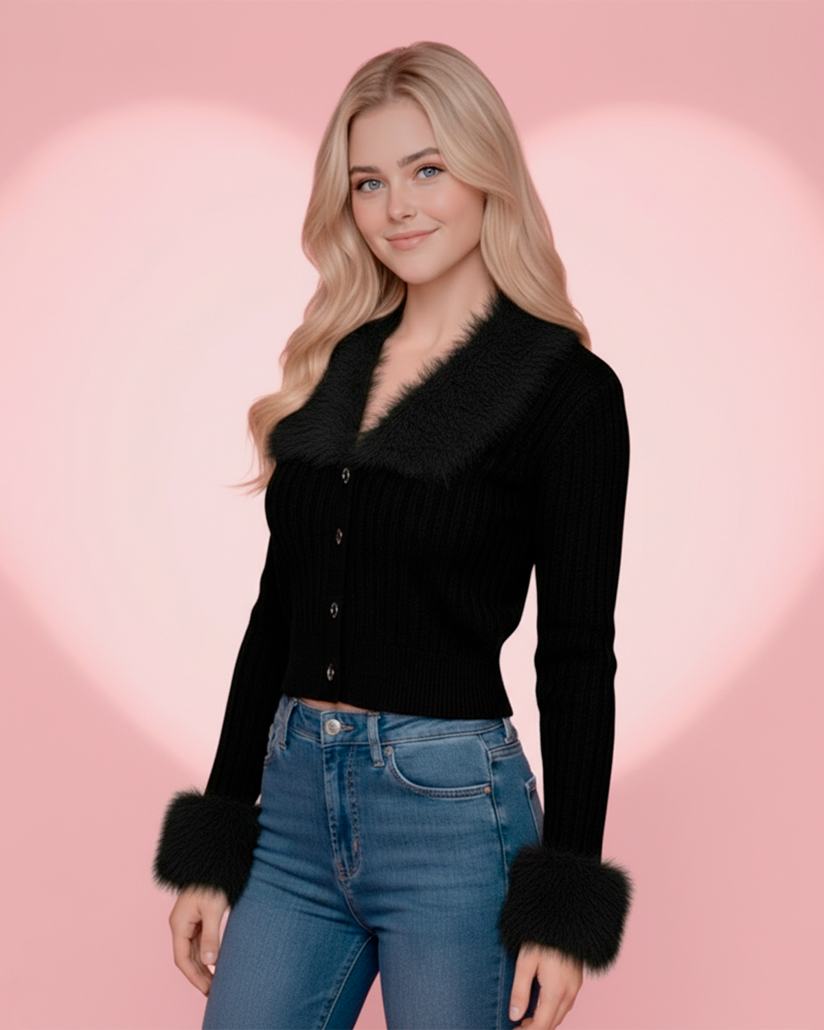 TheLauraKnittedSweaterwithFauxFurTrim in Black 1