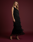 The Gia Asymmetric Fringe Maxi Dress in Black 2