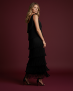 The Gia Asymmetric Fringe Maxi Dress in Black 3