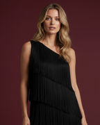The Gia Asymmetric Fringe Maxi Dress in Black 4