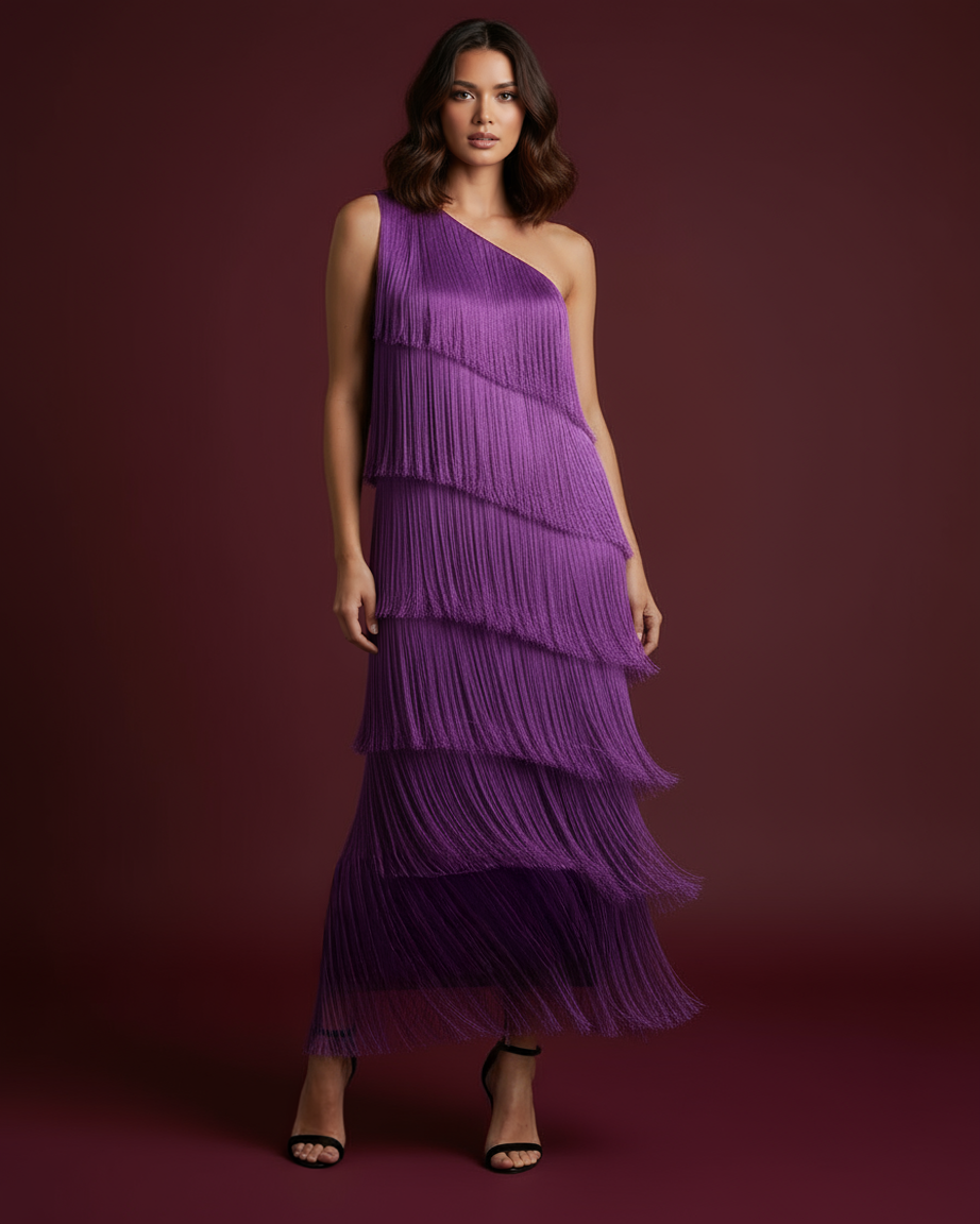 The Gia Asymmetric Fringe Maxi Dress in Purple 1