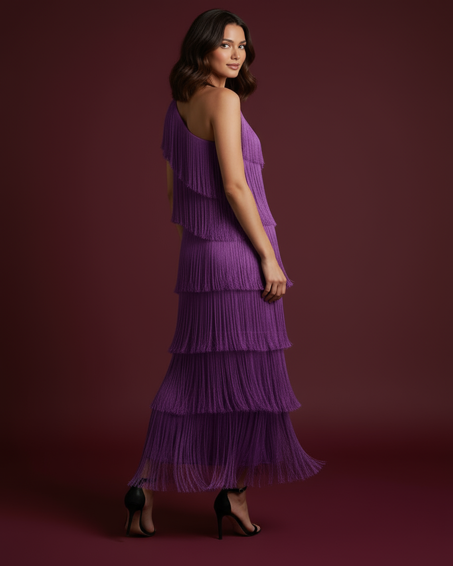 The Gia Asymmetric Fringe Maxi Dress in Purple 3