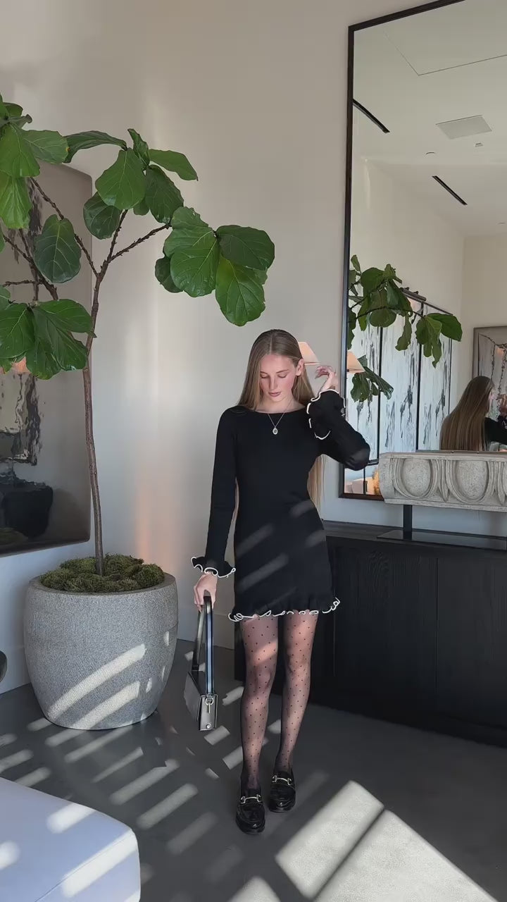 Contrast Hem Ruffle Long Sleeve Knitted Mini Dress