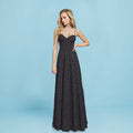 Full view of the Sabine Maxi Dress by Shopise with a fitted bodice, sweetheart neckline, and gently flowing polka dot skirt