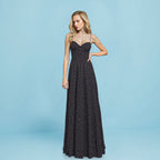 Full view of the Sabine Maxi Dress by Shopise with a fitted bodice, sweetheart neckline, and gently flowing polka dot skirt